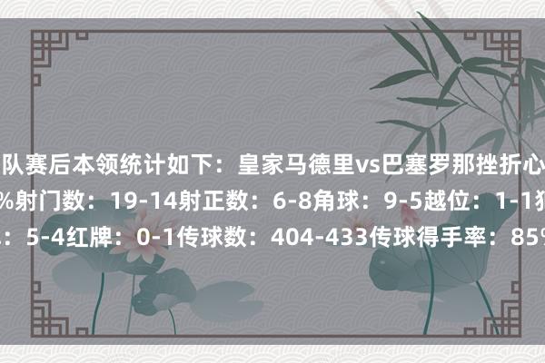 两队赛后本领统计如下：皇家马德里vs巴塞罗那挫折心率图控球率：49%-51%射门数：19-14射正数：6-8角球：9-5越位：1-1犯规：14-13黄牌：5-4红牌：0-1传球数：404-433传球得手率：85%-86%抢断：9-15贬抑：9-3突围：16-19全讯投注网体育信息